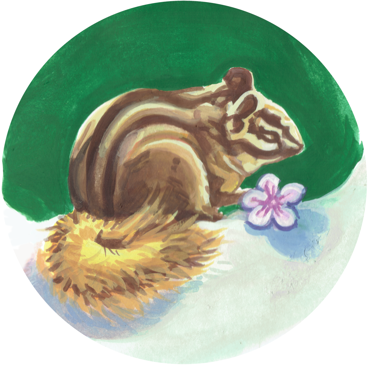 Painting of chipmunk with geranium flower.